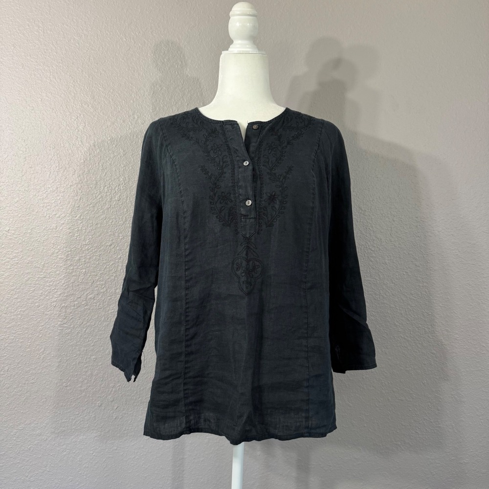 Valerie Stevens Women's Size M Black Embroidered 100% Linen Henley Tunic